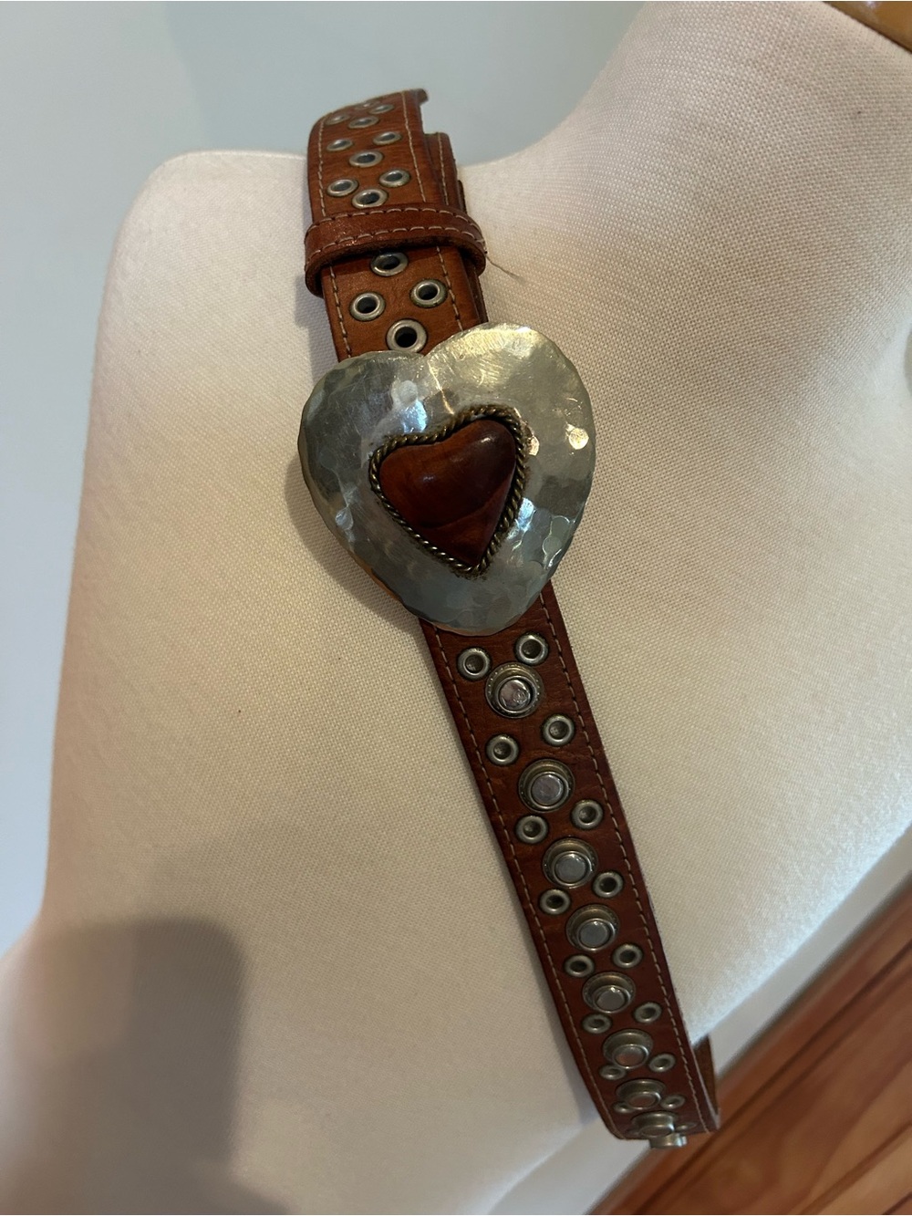 Chico's Tan Brown Genuine Leather Studded Belt with Heart Buckle